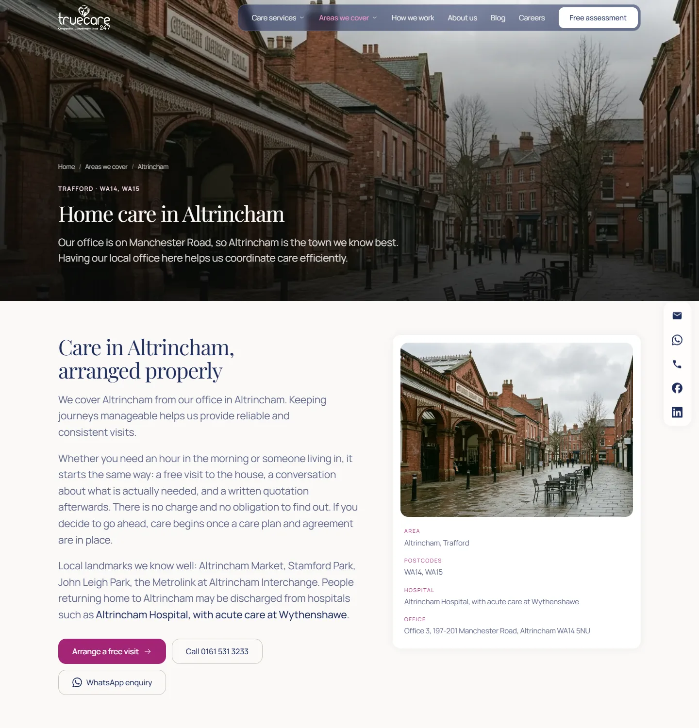 The Altrincham area page, listing WA14 and WA15, the local hospital, nearby landmarks and the office address on Manchester Road
