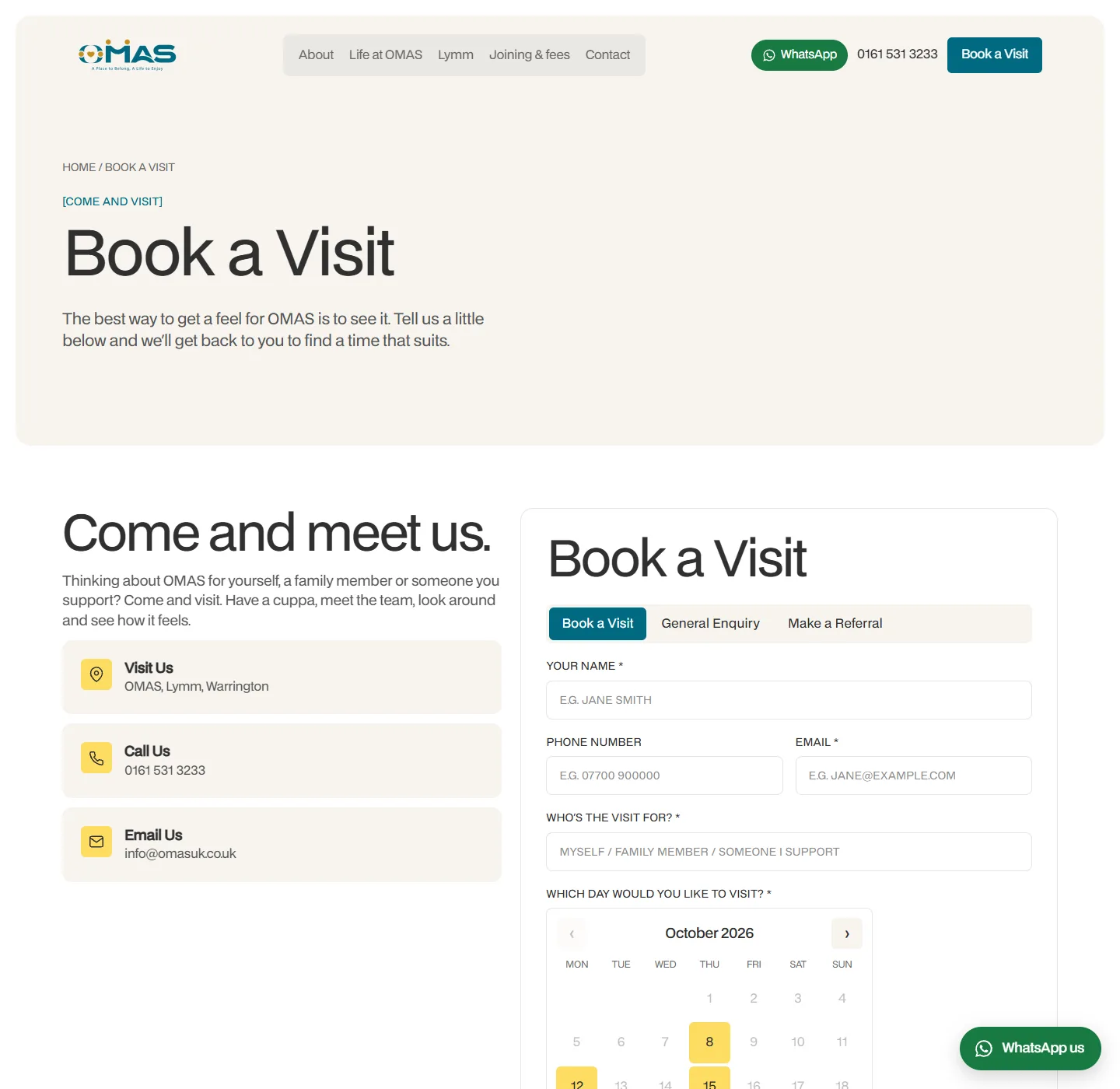 The Book a visit page: a form with tabs for a visit, a general enquiry and a referral, and a calendar for October 2026 with only Mondays and Thursdays open