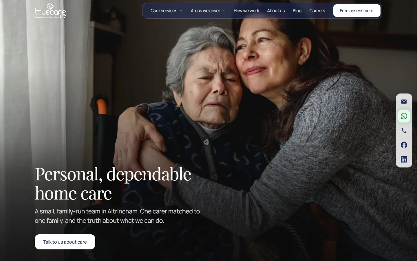 True Care 247 homepage: a carer holding an older woman close in a darkened room, under the headline 'Personal, dependable home care'