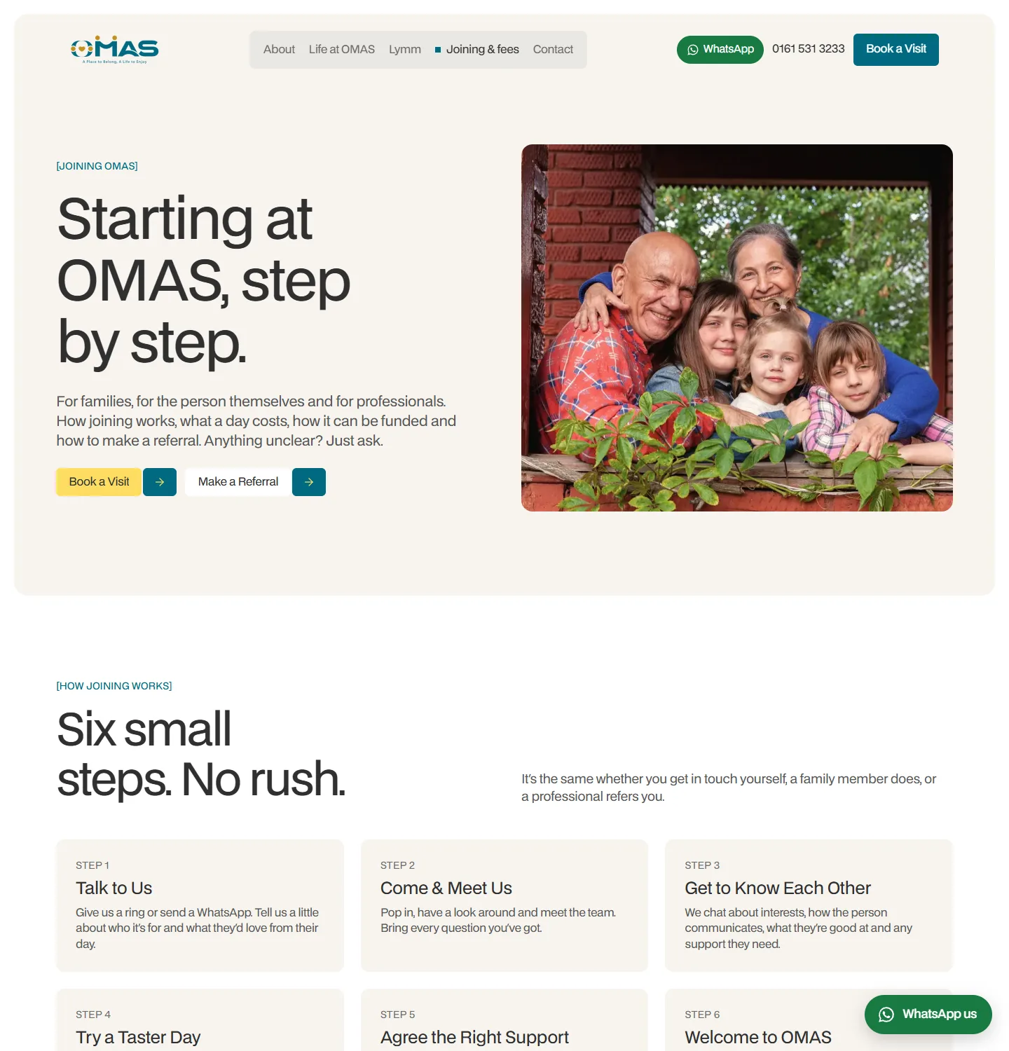 The Joining page, 'Starting at OMAS, step by step', with a family photograph and six numbered steps from 'Talk to Us' to 'Welcome to OMAS'