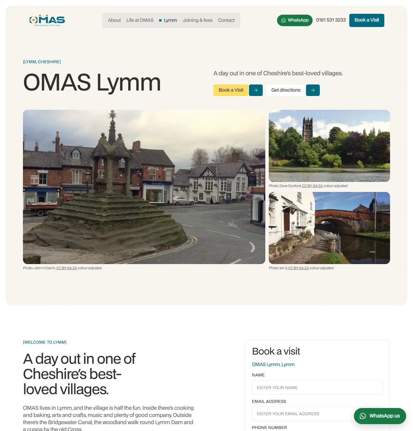 The OMAS Lymm page with photographs of Lymm Cross, Lymm Dam and the canal bridge, each with its photographer and CC BY-SA licence printed underneath