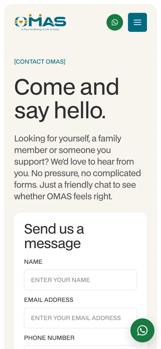 The contact page on a phone, headed 'Come and say hello', promising no pressure and no complicated forms