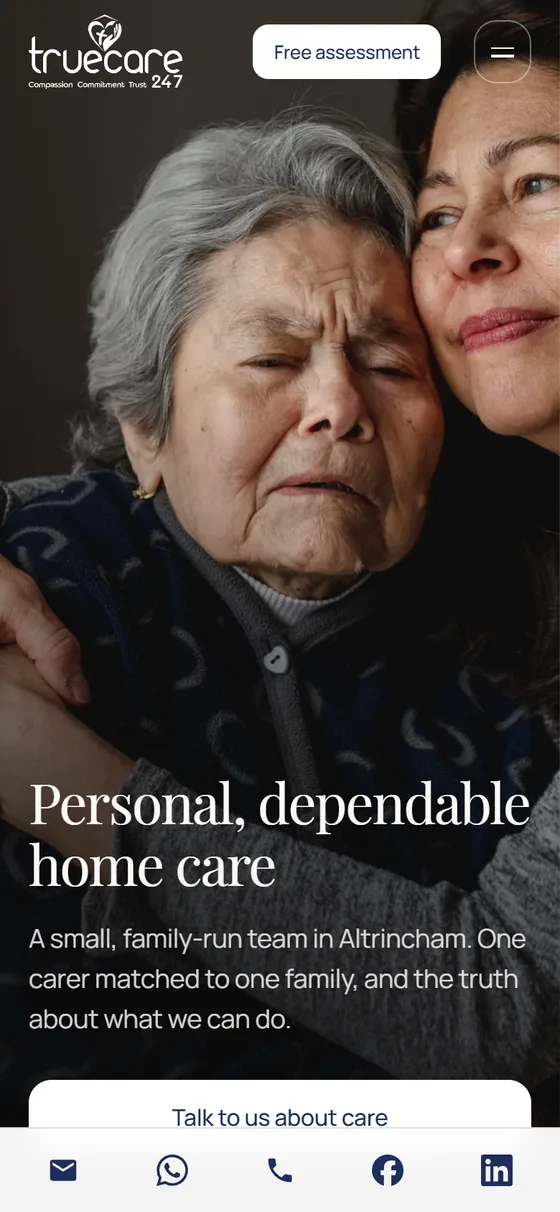 True Care 247 homepage on a phone, with a free assessment button in the header and a fixed bar of email, WhatsApp, phone and social links at the bottom
