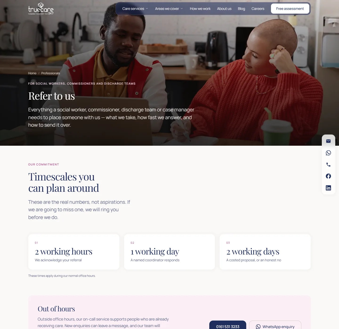 The referral page for professionals, showing three response commitments: two working hours to acknowledge, one working day for a named coordinator, two working days for a costed proposal