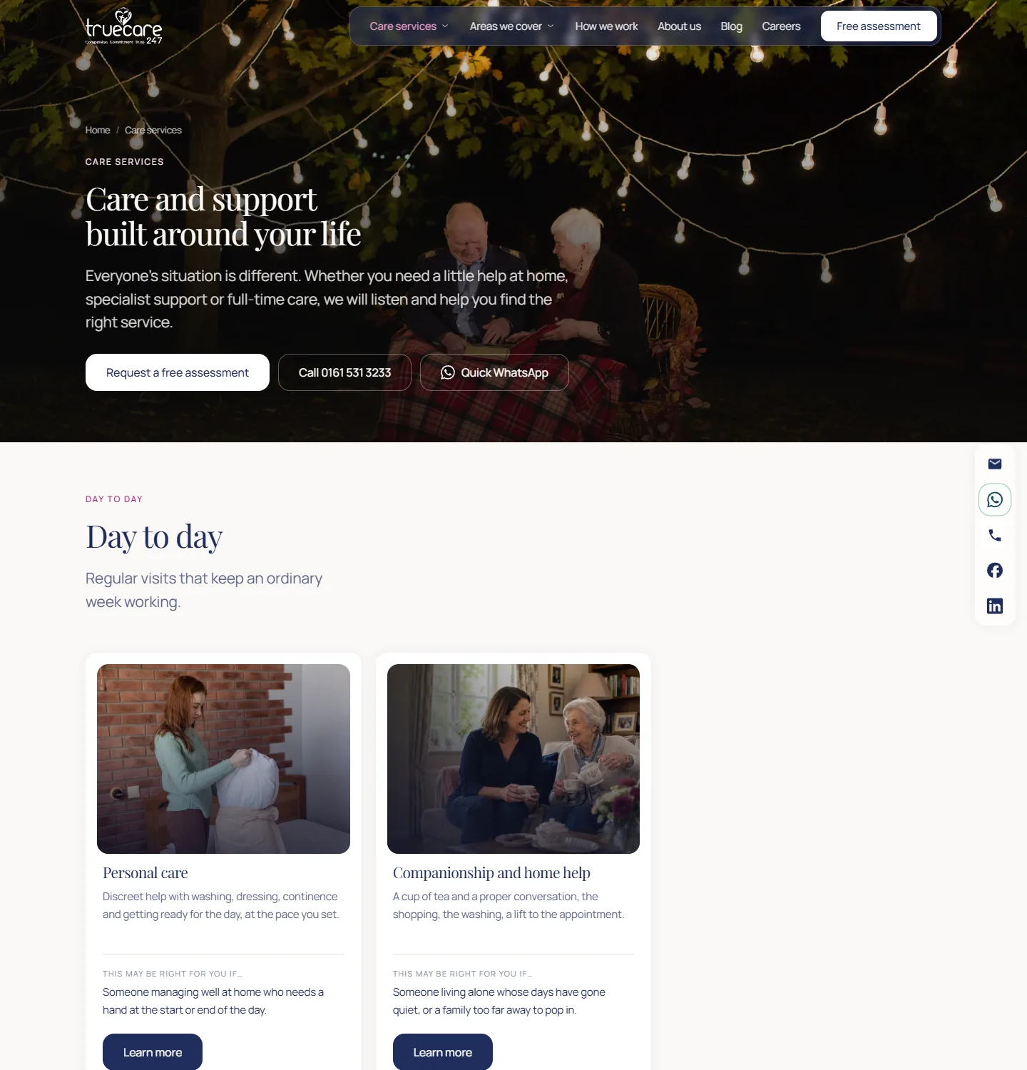 The care services index, grouping thirteen services and opening with 'Day to day' — personal care and companionship, each card saying who the service is right for